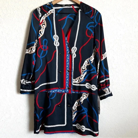 ZARA Nautical Chain Knot Print Dress Navy Double Breasted Mini XS NWT - Picture 4 of 11